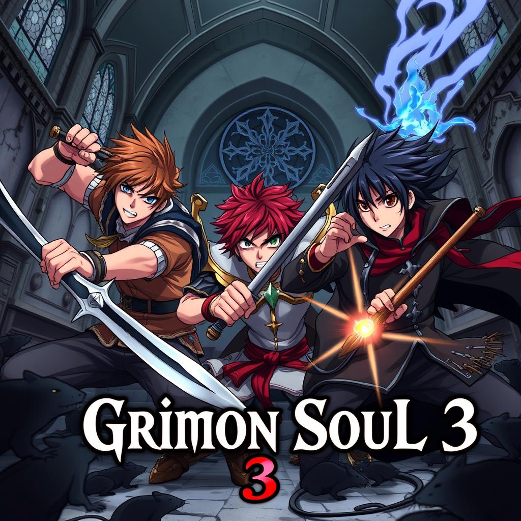 A dark fantasy anime cover titled "Grimon Soul 3", featuring three 17-year-old boys in a fierce and angry battle