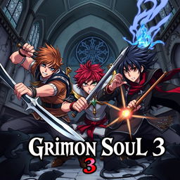 A dark fantasy anime cover titled "Grimon Soul 3", featuring three 17-year-old boys in a fierce and angry battle