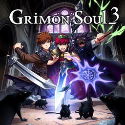 A dark fantasy anime cover titled "Grimon Soul 3", featuring three 17-year-old boys in a fierce and angry battle