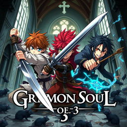 A dark fantasy anime cover titled "Grimon Soul 3", featuring three 17-year-old boys in a fierce and angry battle