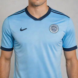 A light blue soccer jersey with a logo prominently displayed on the stomach area