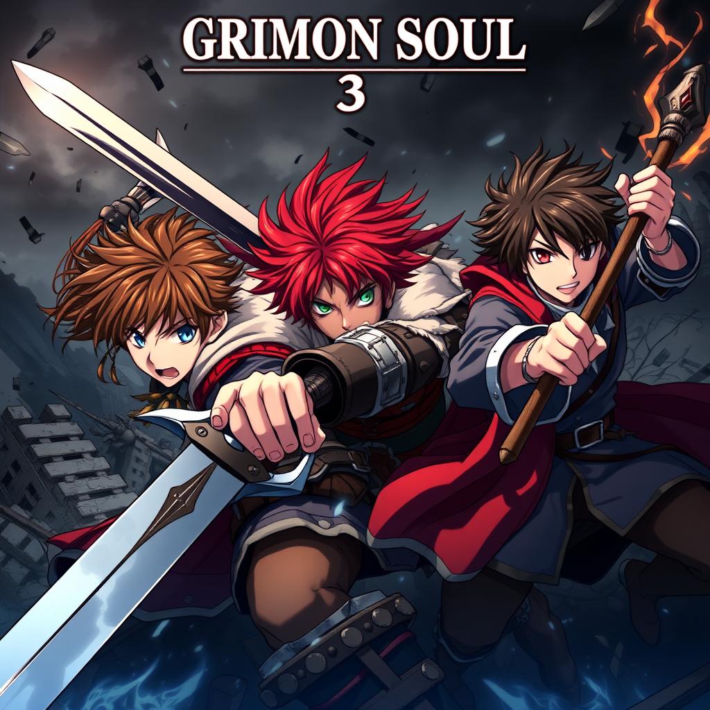 A dark fantasy anime cover titled "Grimon Soul 3", featuring three 18-year-old boys in an intense and angry battle