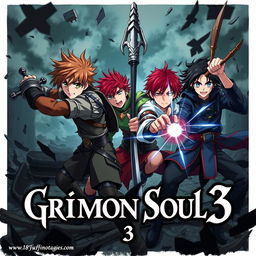 A dark fantasy anime cover titled "Grimon Soul 3", featuring three 18-year-old boys in an intense and angry battle