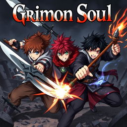 A dark fantasy anime cover titled "Grimon Soul 3", featuring three 18-year-old boys in an intense and angry battle