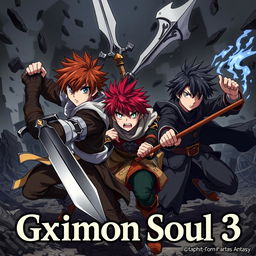 A dark fantasy anime cover titled "Grimon Soul 3", featuring three 18-year-old boys in an intense and angry battle