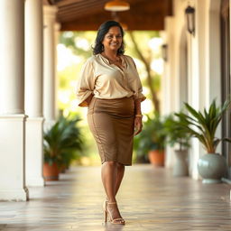 A stunningly beautiful Sri Lankan middle-aged woman with a curvy and thick figure, wearing a stylish blouse and skirt