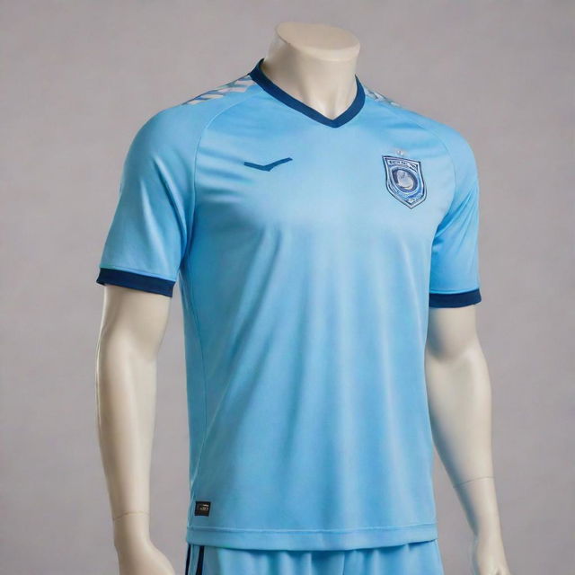 A light blue soccer jersey with a logo prominently displayed on the stomach area