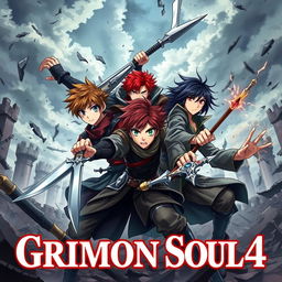 A dark fantasy anime cover titled "Grimon Soul 4", featuring three 18-year-old boys engaged in an intense and furious battle