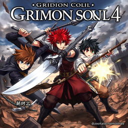 A dark fantasy anime cover titled "Grimon Soul 4", featuring three 18-year-old boys engaged in an intense and furious battle