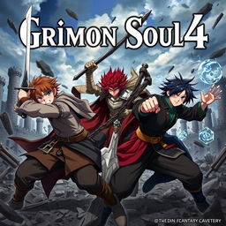 A dark fantasy anime cover titled "Grimon Soul 4", featuring three 18-year-old boys engaged in an intense and furious battle