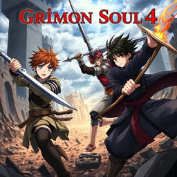 A dark fantasy anime cover titled "Grimon Soul 4", featuring three 18-year-old boys engaged in an intense and furious battle