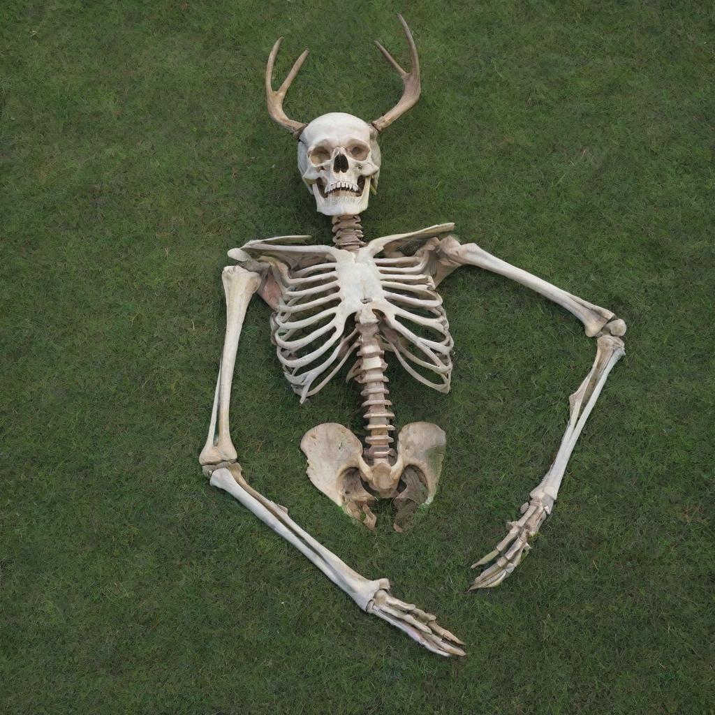 A detailed, realistic front-view image of a complete human skeleton laying on a full deer skeleton, both thoughtfully placed on a lush, vibrant bed of grass.