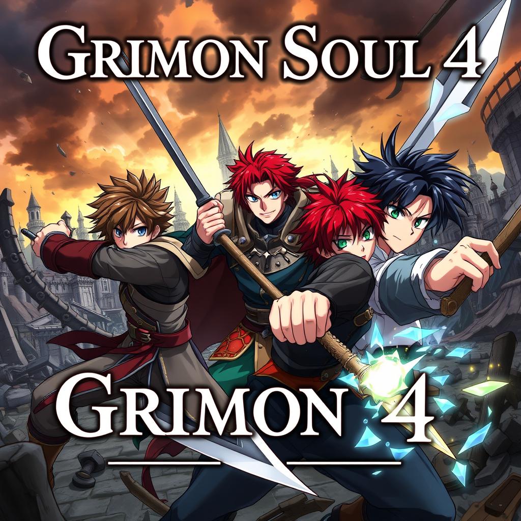 A dark fantasy anime cover titled "Grimon Soul 4", featuring three 18-year-old boys in an intense and angry battle