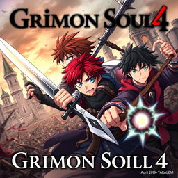 A dark fantasy anime cover titled "Grimon Soul 4", featuring three 18-year-old boys in an intense and angry battle