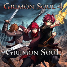 A dark fantasy anime cover titled "Grimon Soul 4", featuring three 18-year-old boys in an intense and angry battle