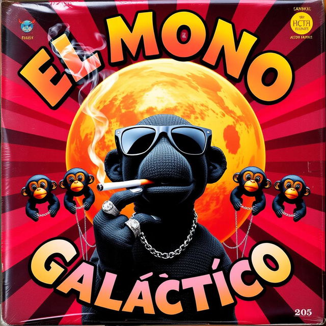 A vibrant and colorful music album cover featuring a black puppet in the center, wearing stylish black sunglasses and holding a cigarette in its mouth with smoke billowing out