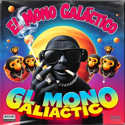 A vibrant and colorful music album cover featuring a black puppet in the center, wearing stylish black sunglasses and holding a cigarette in its mouth with smoke billowing out