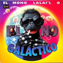 A vibrant and colorful music album cover featuring a black puppet in the center, wearing stylish black sunglasses and holding a cigarette in its mouth with smoke billowing out