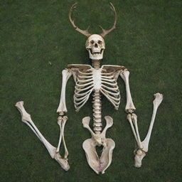 A detailed, realistic front-view image of a complete human skeleton laying on a full deer skeleton, both thoughtfully placed on a lush, vibrant bed of grass.