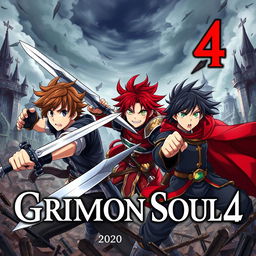 A dark fantasy anime cover titled "Grimon Soul 4", featuring three 18-year-old boys in a fierce and angry battle