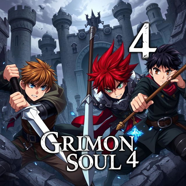 A dark fantasy anime cover titled "Grimon Soul 4", featuring three 18-year-old boys in a fierce and angry battle