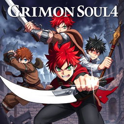 A dark fantasy anime cover titled "Grimon Soul 4", featuring three 18-year-old boys in a fierce and angry battle