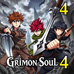 A dark fantasy anime cover titled "Grimon Soul 4", featuring three 18-year-old boys in a fierce and angry battle