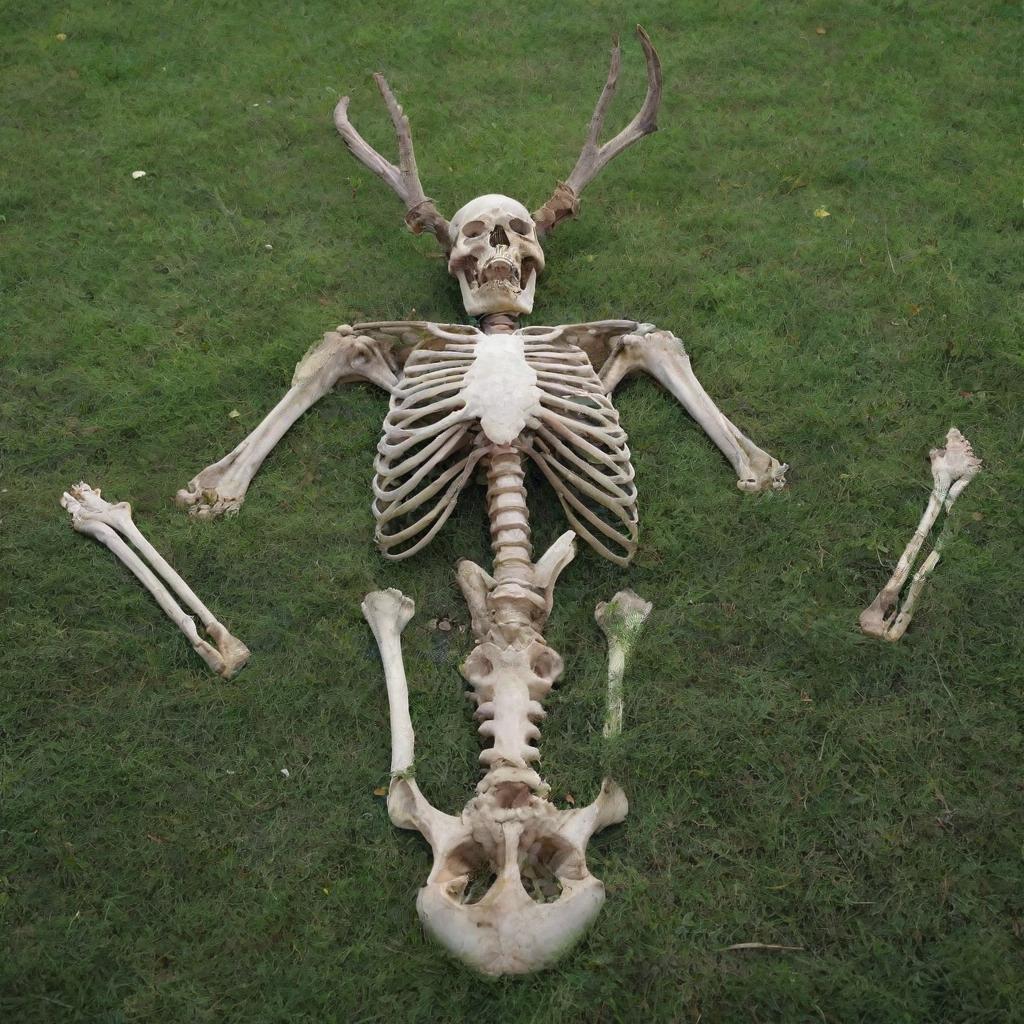 A detailed, realistic front-view image of a complete human skeleton laying on a full deer skeleton, both thoughtfully placed on a lush, vibrant bed of grass.