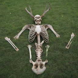 A detailed, realistic front-view image of a complete human skeleton laying on a full deer skeleton, both thoughtfully placed on a lush, vibrant bed of grass.