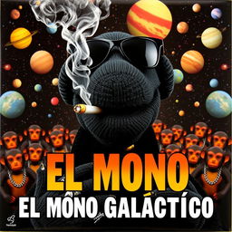 An album cover featuring a black puppet with black sunglasses, holding a cigarette in its mouth with smoke billowing out