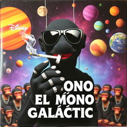 An album cover featuring a black puppet with black sunglasses, holding a cigarette in its mouth with smoke billowing out