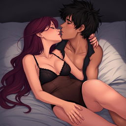 A semi-realistic illustration of a romantic scene with two people kissing on a bed