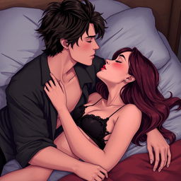 A semi-realistic illustration of a romantic scene with two people kissing on a bed