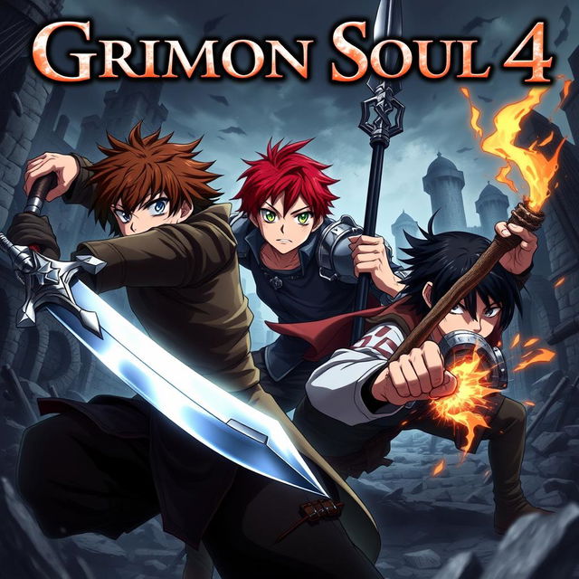 A dark fantasy anime cover titled "Grimon Soul 4", featuring three 18-year-old boys in an intense and angry battle