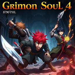 A dark fantasy anime cover titled "Grimon Soul 4", featuring three 18-year-old boys in an intense and angry battle