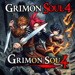 A dark fantasy anime cover titled "Grimon Soul 4", featuring three 18-year-old boys in an intense and angry battle