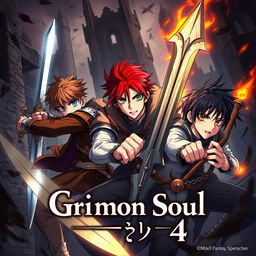 A dark fantasy anime cover titled "Grimon Soul 4", featuring three 18-year-old boys in an intense and angry battle