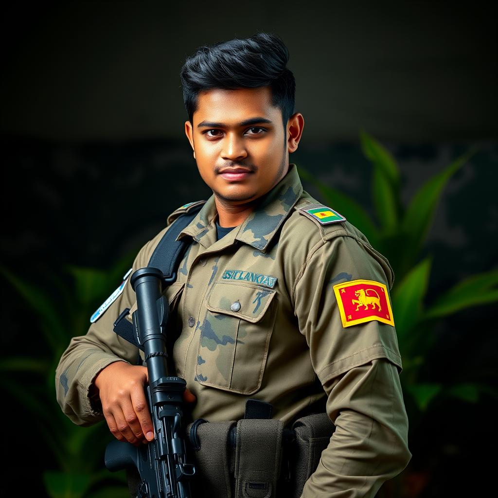 A modern Sri Lankan soldier standing proudly in a dynamic pose, wearing a tactical uniform and equipped with the latest military gear