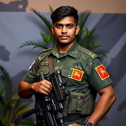 A modern Sri Lankan soldier standing proudly in a dynamic pose, wearing a tactical uniform and equipped with the latest military gear