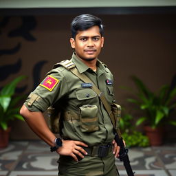 A modern Sri Lankan soldier standing proudly in a dynamic pose, wearing a tactical uniform and equipped with the latest military gear