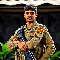 A modern Sri Lankan soldier standing proudly in a dynamic pose, wearing a tactical uniform and equipped with the latest military gear