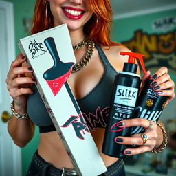 A close-up torso shot of a gorgeous female redhead with a large chest, wearing a stylish tank top adorned with punk chains