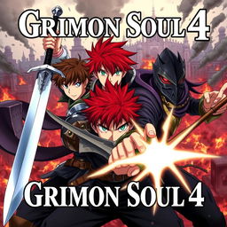 A dark fantasy anime cover titled "Grimon Soul 4", depicting three 18-year-old boys in an angry and fierce battle