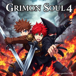 A dark fantasy anime cover titled "Grimon Soul 4", depicting three 18-year-old boys in an angry and fierce battle