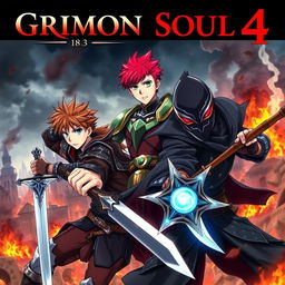 A dark fantasy anime cover titled "Grimon Soul 4", depicting three 18-year-old boys in an angry and fierce battle