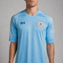 A light blue soccer jersey with intricate detailing