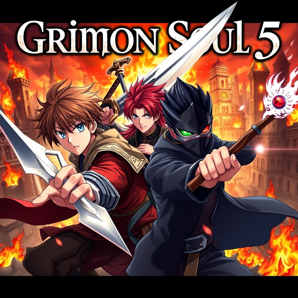 A dark fantasy anime cover titled "Grimon Soul 5", showcasing three 18-year-old boys engaged in an intense and furious battle