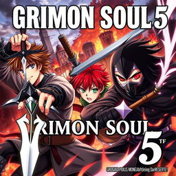 A dark fantasy anime cover titled "Grimon Soul 5", showcasing three 18-year-old boys engaged in an intense and furious battle