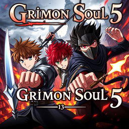 A dark fantasy anime cover titled "Grimon Soul 5", showcasing three 18-year-old boys engaged in an intense and furious battle