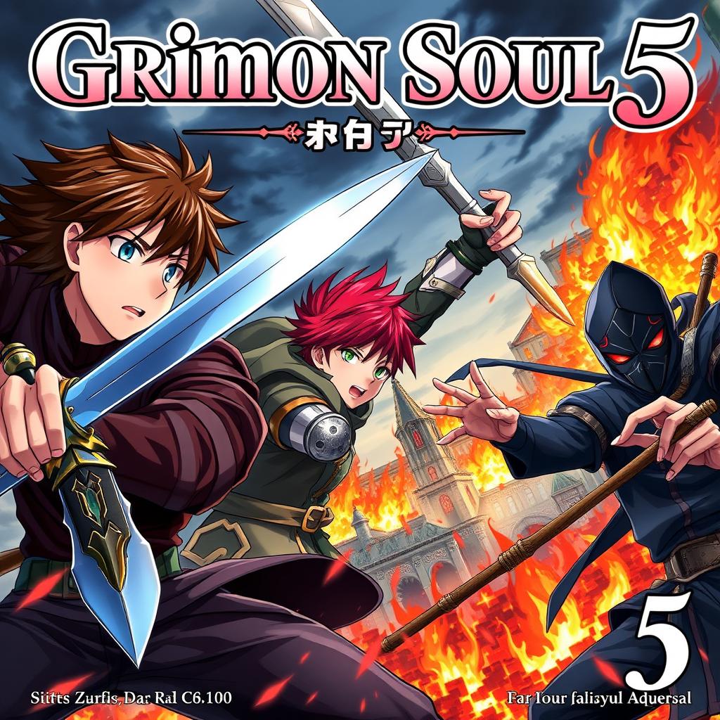 A dark fantasy anime cover titled "Grimon Soul 5", showcasing three 18-year-old boys engaged in an intense and furious battle